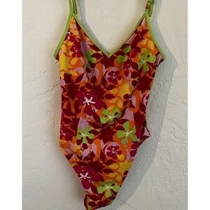 Olympian‎ Swiss Women's One Piece Lime Pink Tropical Lycra Bra Swimsuit 12/14